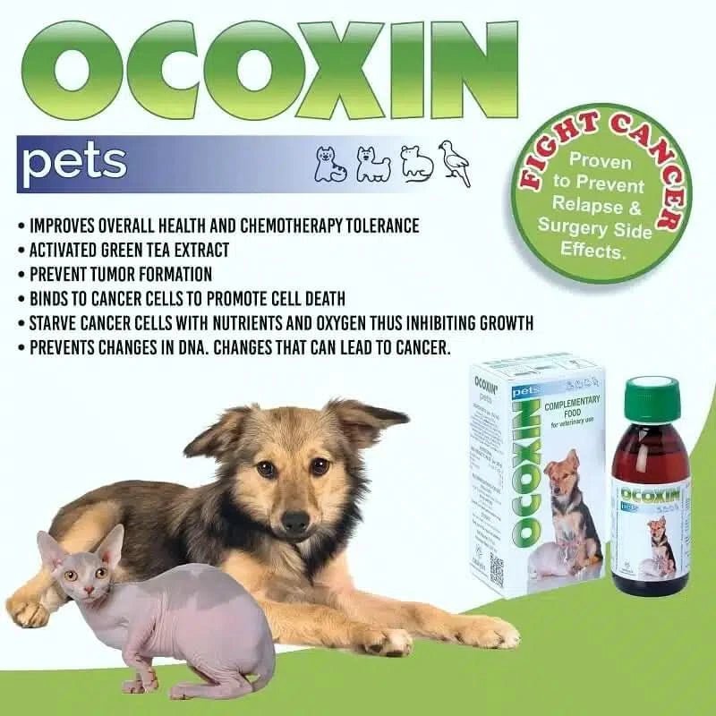 Ocoxin pets product packaging with a dog and cat on a green background