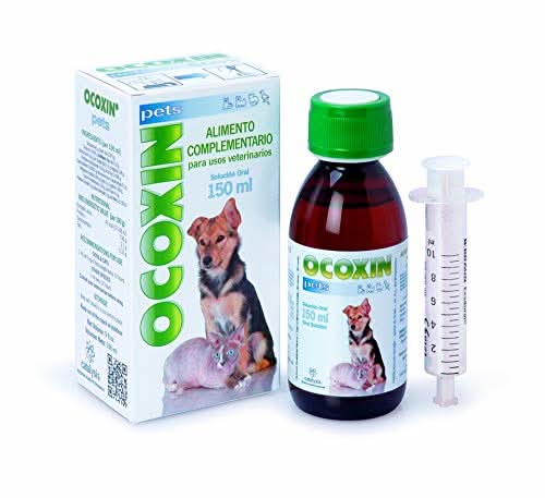 Ocoxin pet supplement bottle with packaging and syringe on a white background