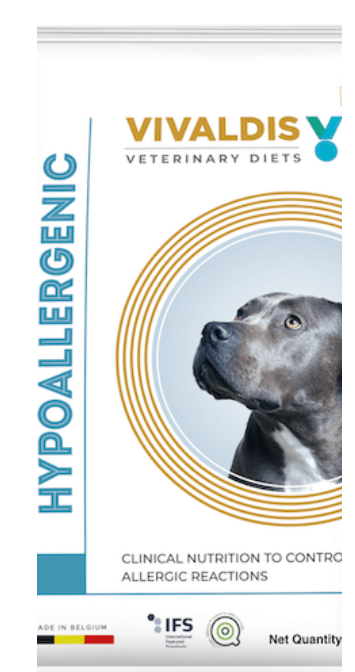 Vivaldis Veterinary Diets Hypoallergenic dog food packaging with a dog illustration on a white background.