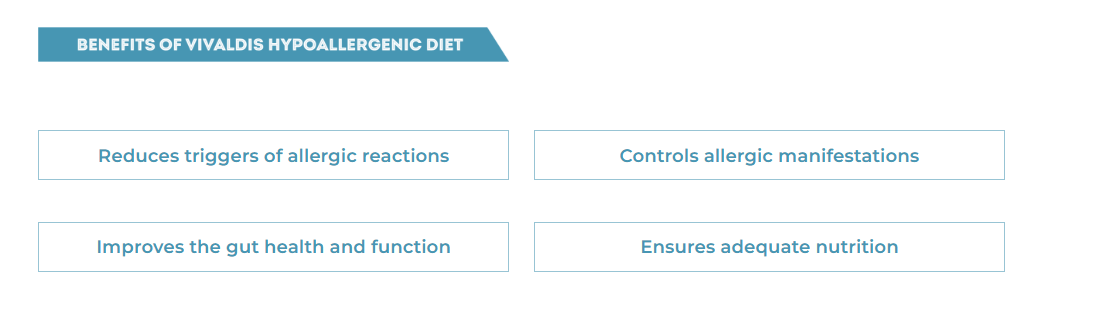 List of benefits of Vivaldis hypoallergenic diet on a blue and white background