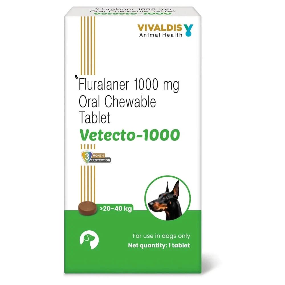 Vivaldis Animal Health Vetecto-1000mg Fluralaner 1000 mg Oral Chewable Tablet packaging on a white background