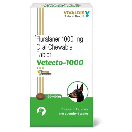 Vivaldis Animal Health Vetecto-1000mg Fluralaner 1000 mg Oral Chewable Tablet packaging on a white background
