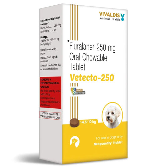 Vivaldis Vetecto 250 mg (Fluralaner) chewable Tick & Flea tablet for Dogs (1 Chewable tab) - dspetstore.com