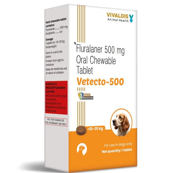 Vetecto-500 Fluralaner 500mg Oral Chewable Tablet packaging for dogs by Vivaldis Animal Health on a white background.
