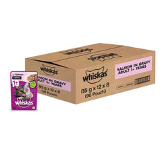 Box of Whiskas salmon in gravy cat food with a single pouch on a white background