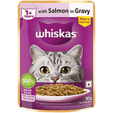 Whiskas cat food pouch with salmon in gravy on a purple background