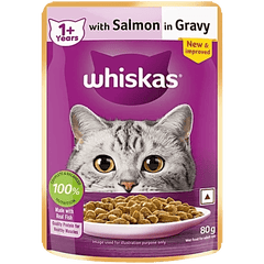 Whiskas cat food pouch with salmon in gravy on a purple background