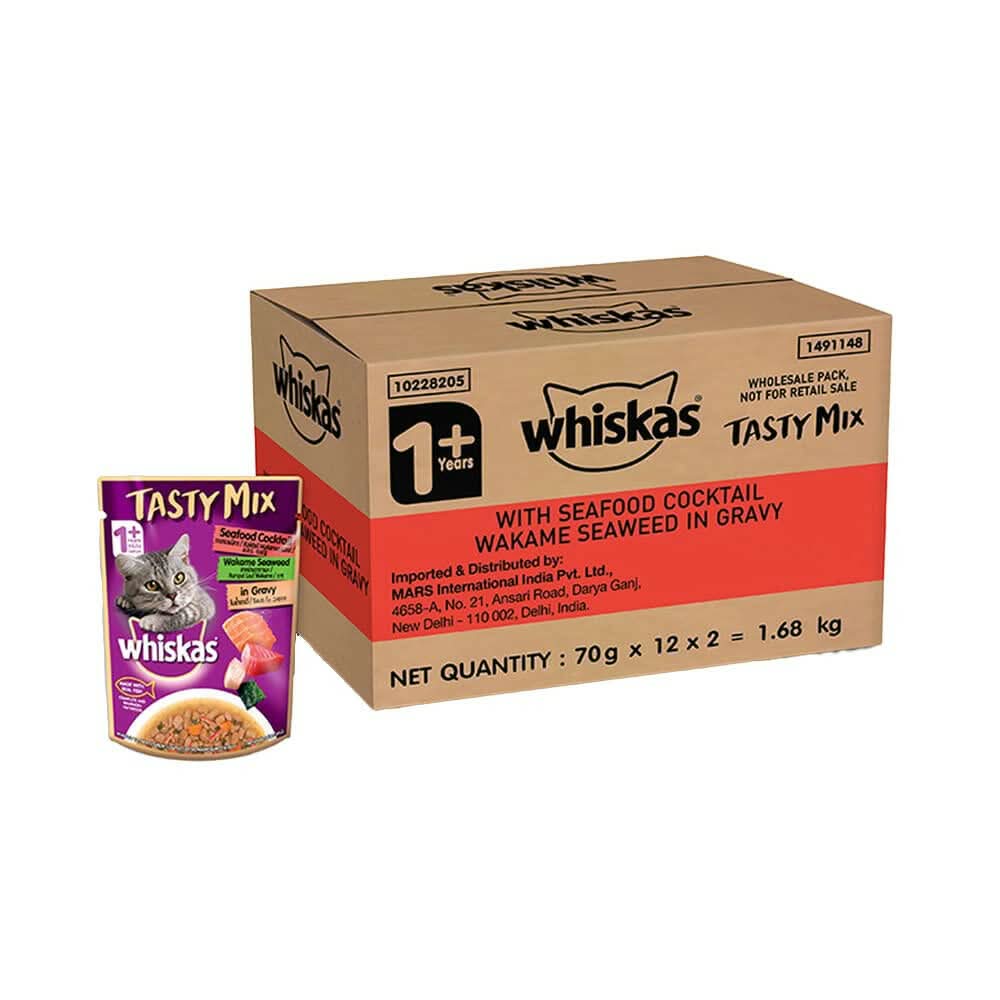 Whiskas Tasty Mix cat food packaging with a box and single packet on a white background