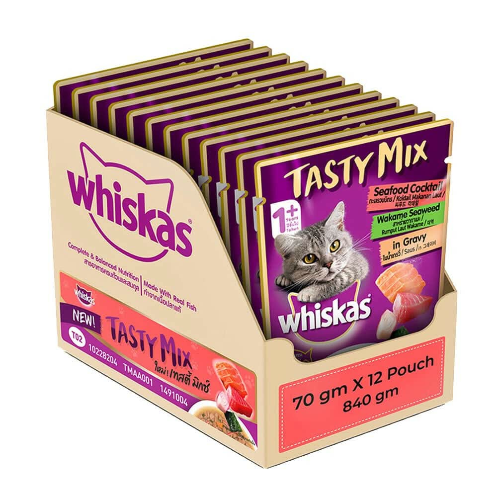 Whiskas Tasty Mix cat food packaging with multiple pouches displayed.