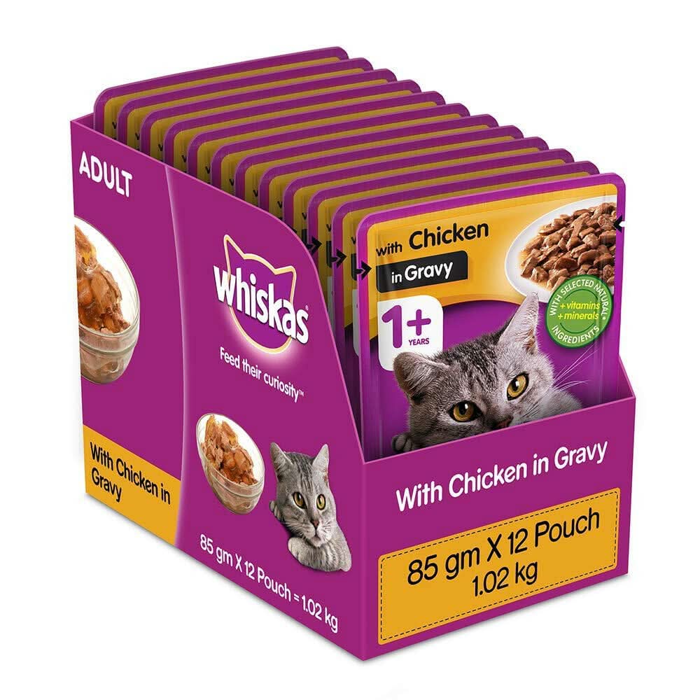 Box of Whiskas cat food pouches with chicken in gravy on a white background