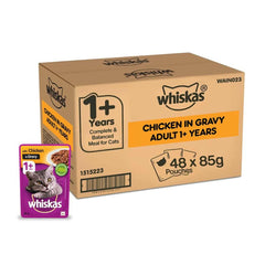 Whiskas cat food packaging with a box of 48 pouches and a single pouch on a white background.
