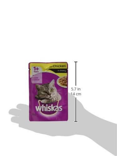 Whiskas cat food packet with dimensions on a white background