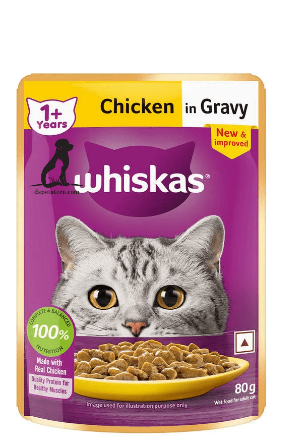 Whiskas cat food packet with chicken in gravy on a white background