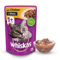 Whiskas cat food pouch with a bowl of cat food on a white background
