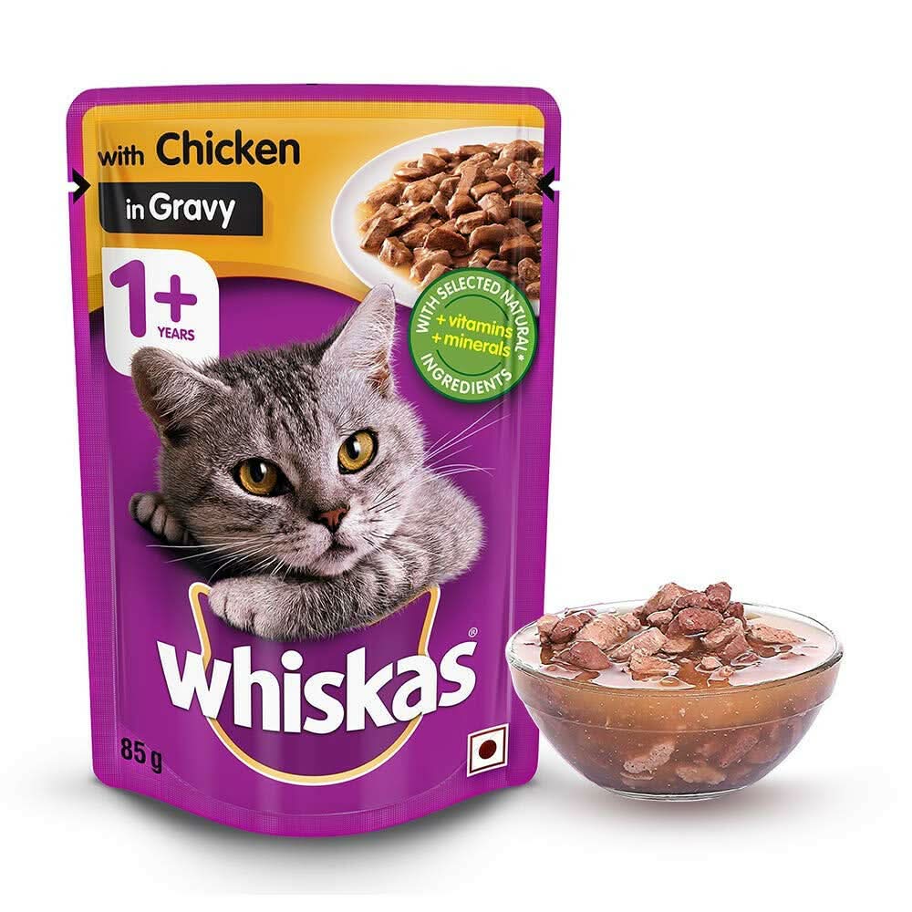 Whiskas cat food pouch with a bowl of cat food on a white background