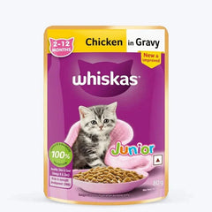 Whiskas Junior cat food packet with a kitten on a white background