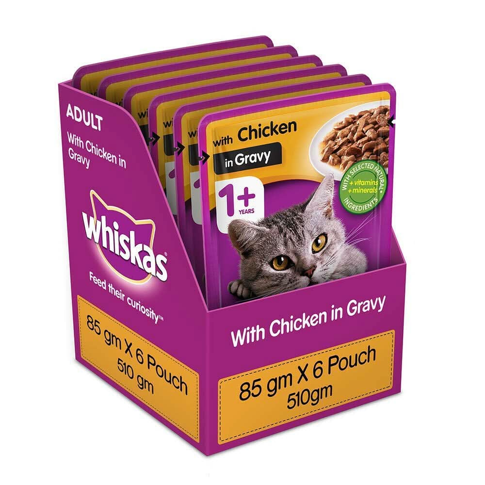 Whiskas cat food packaging with chicken in gravy on a white background