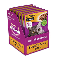 Whiskas cat food packaging with chicken in gravy on a white background
