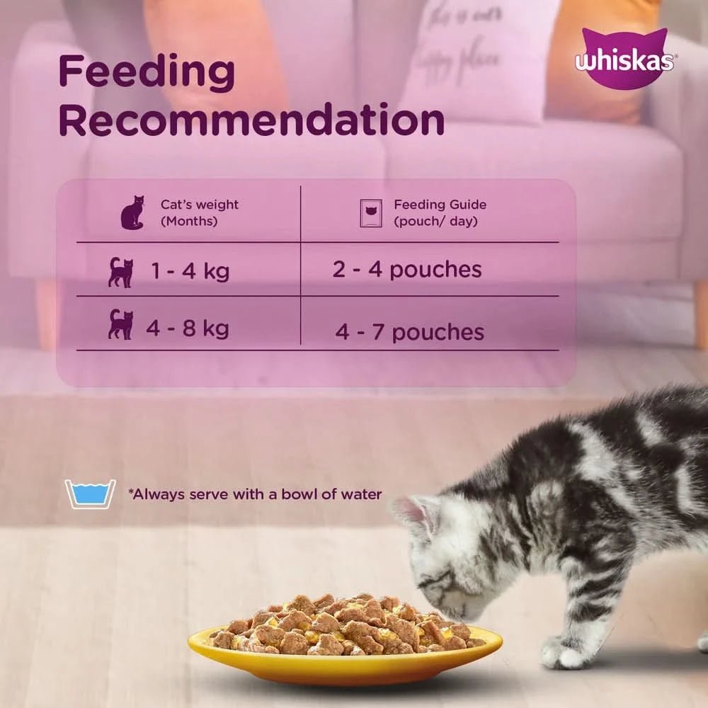 Feeding recommendation chart for Whiskas cat food with a cat eating from a bowl.