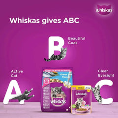 Whiskas cat food packaging with promotional text on a purple background