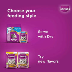 Whiskas cat food packaging on a purple background with text about feeding style.