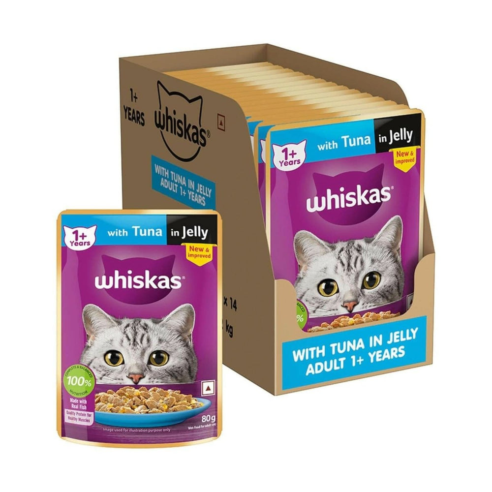Whiskas cat food packaging with tuna in jelly on a white background
