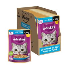 Whiskas cat food packaging with tuna in jelly on a white background