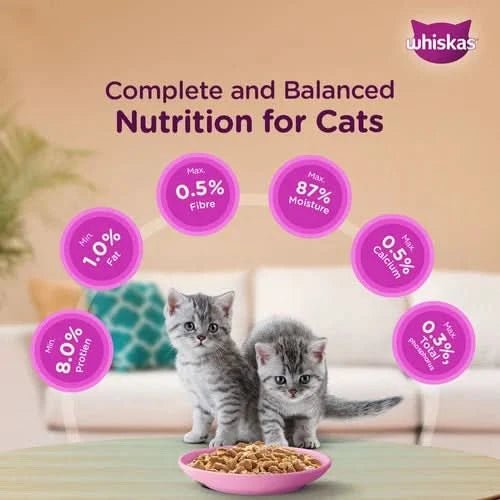 Two kittens eating from a bowl with Whiskas nutrition facts displayed on a blurred background