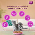 Two kittens eating from a bowl with Whiskas nutrition facts displayed on a blurred background