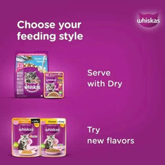 Whiskas cat food packaging on a purple background with text about feeding style and new flavors.