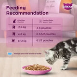 Feeding recommendation chart for Whiskas cat food with a cat eating from a bowl.