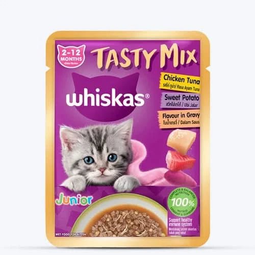 Whiskas Tasty Mix Junior cat food pouch on a white background