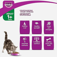 Whiskas cat food packaging with a cat eating from a bowl, highlighting product benefits.