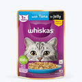 Whiskas cat food packet with tuna in jelly on a white background