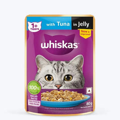 Whiskas cat food packet with tuna in jelly on a white background