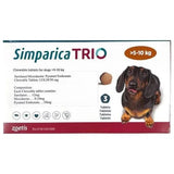Simparica TRIO packaging for dogs weighing 5-10 kg with a dachshund illustration.