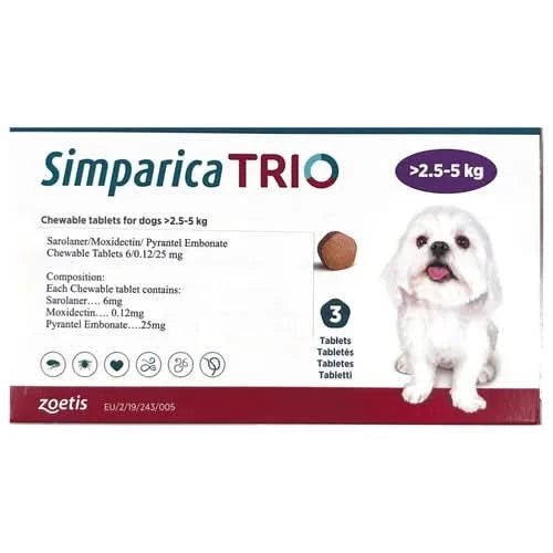 Simparica TRIO packaging for dogs with a white dog illustration on a white background