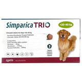 Simparica TRIO packaging for dogs over 20-40 kg with a golden dog illustration.