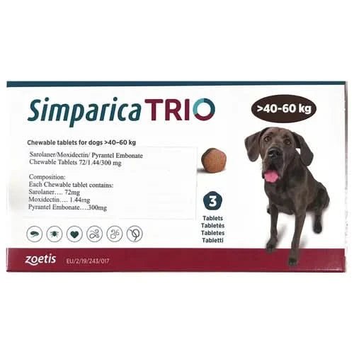 Simparica TRIO packaging for dogs with a dog illustration and product details.
