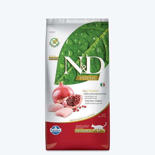 Farmina N&D Prime Chicken & Pomegranate Neutered Adult Grain Free Dry Cat Food.
