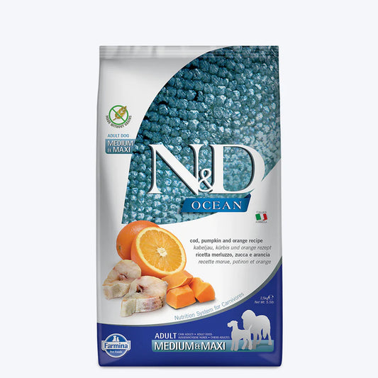 Farmina N&D Ocean Codfish Orange & Pumpkin Grain Free Adult Medium Maxi Dog Dry Food.