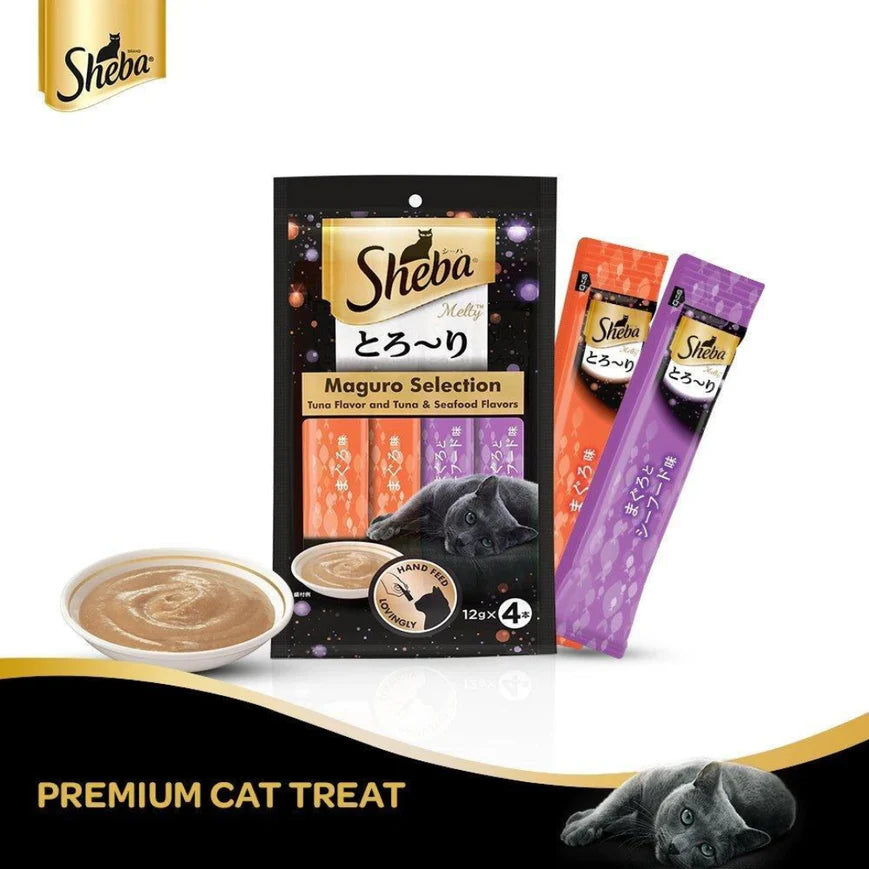 Sheba Tuna Flavor and Tuna & Prawn Maguro Selection Melty Premium Cat Treats.