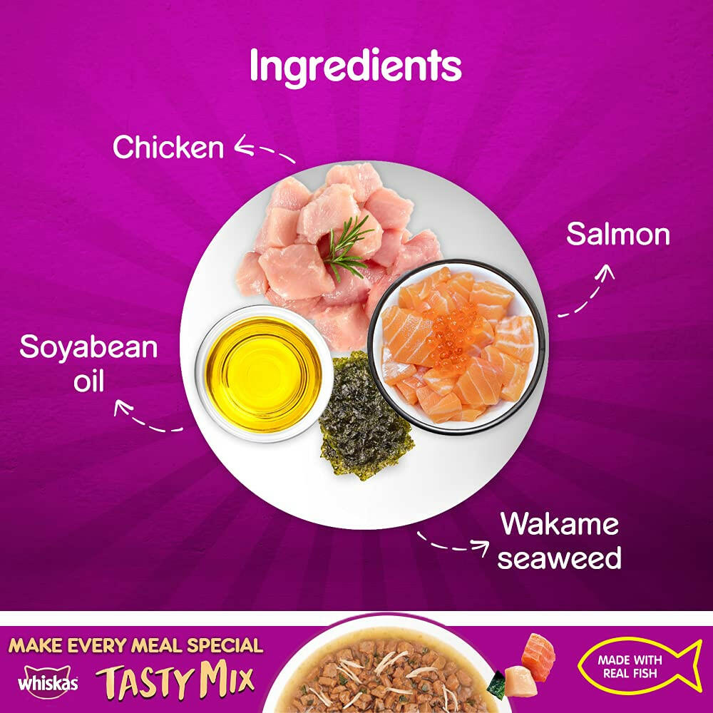 Whiskas Adult Wet Cat Food Tasty Mix Chicken, Salmon & Wakame Seaweed in Gravy.