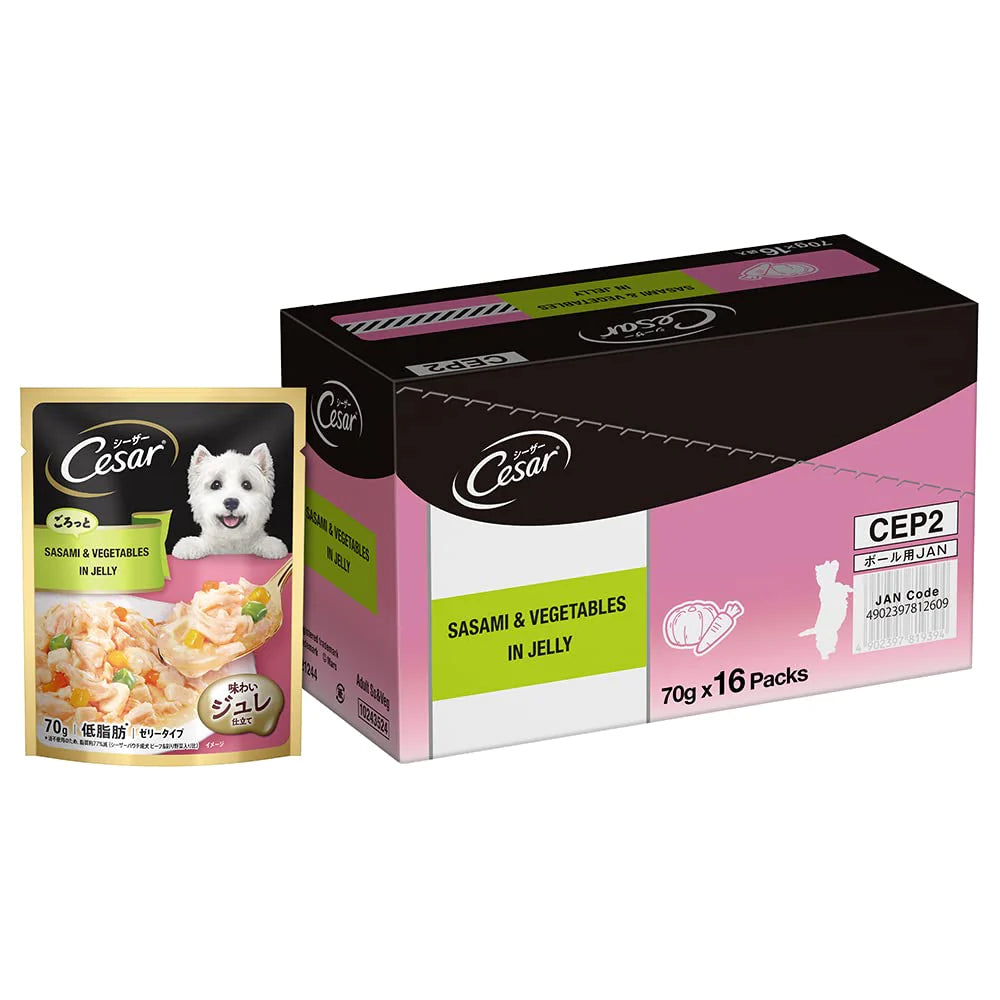 Dog food in jelly, Cesar, gives vitamins and protein.