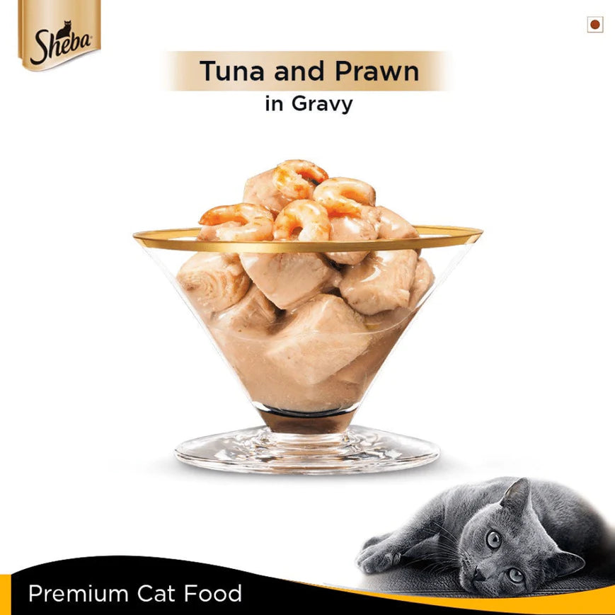 Sheba Tuna Fillet & Prawns in Gravy - Premium Wet Cat Food.