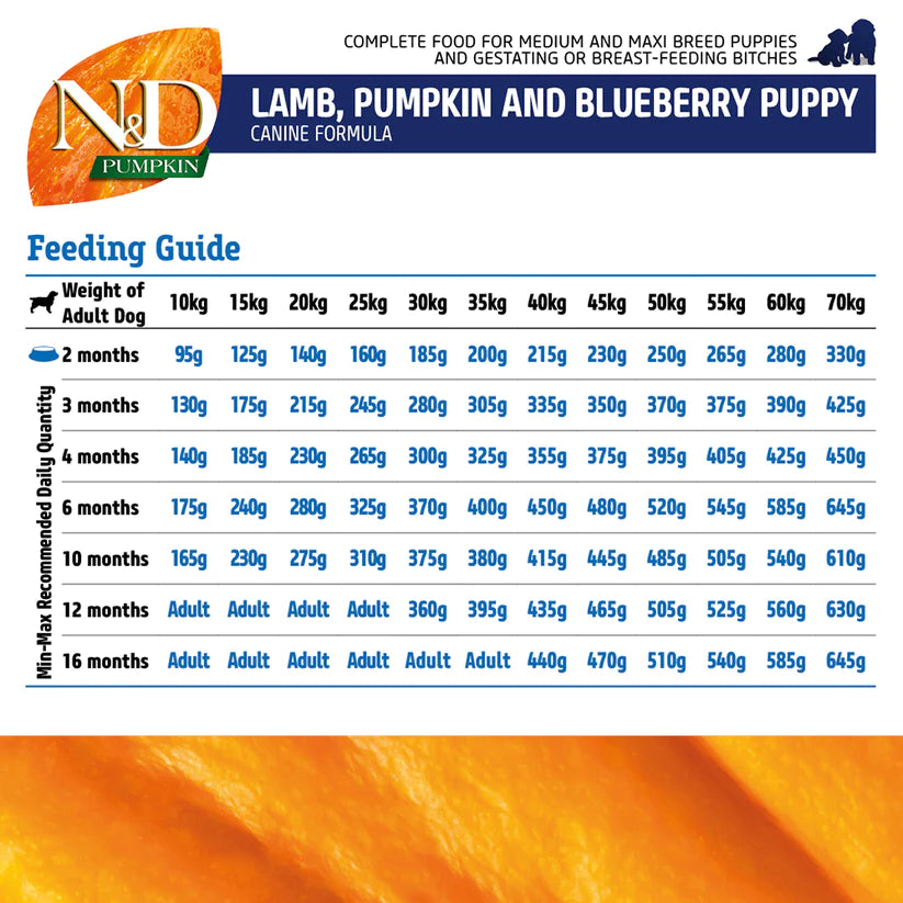 Farmina N&D Pumpkin Lamb & Blueberry Grain Free Medium & Maxi Breed Dry Puppy Food.