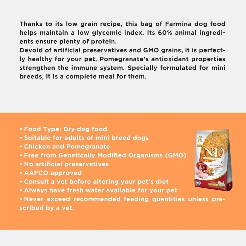 Farmina Ancestral Grain Adult Mini Breed Dog Food Chicken & Pomegranate.
