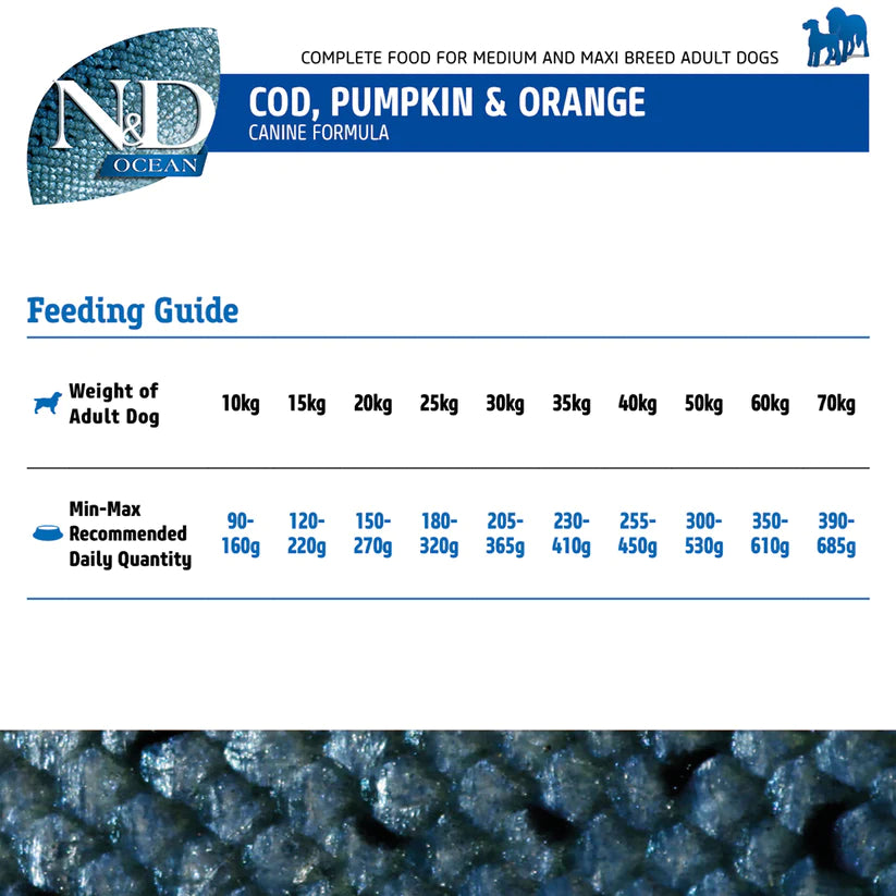 Farmina N&D Ocean Codfish Orange & Pumpkin Grain Free Adult Medium Maxi Dog Dry Food.