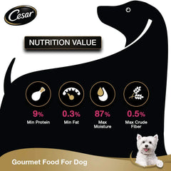 Cesar Sasami dog food, complete meal, makes dogs happy.