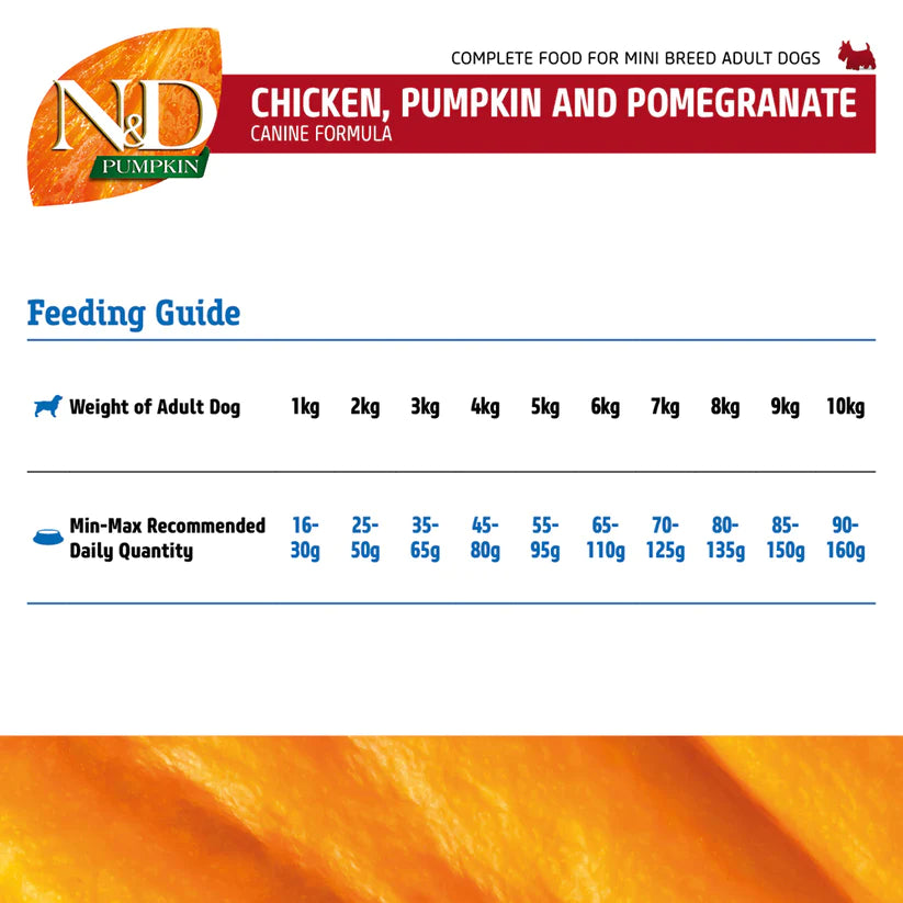 Farmina N&D Pumpkin Chicken & Pomegranate Grain Free Mini Breed Adult Dry Dog Food.